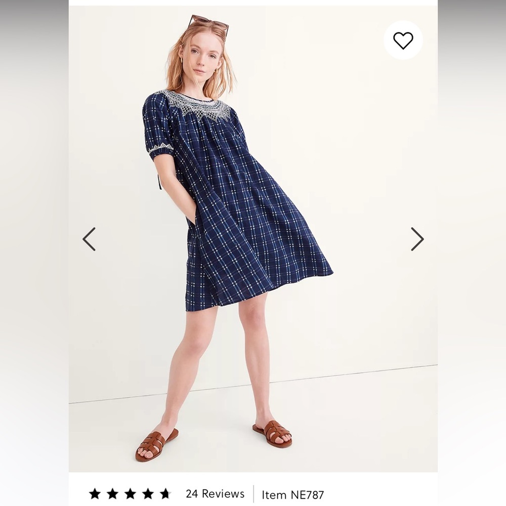 Madewell Embroidered Puff Sleeve Babydoll Dress Indigo Plaid